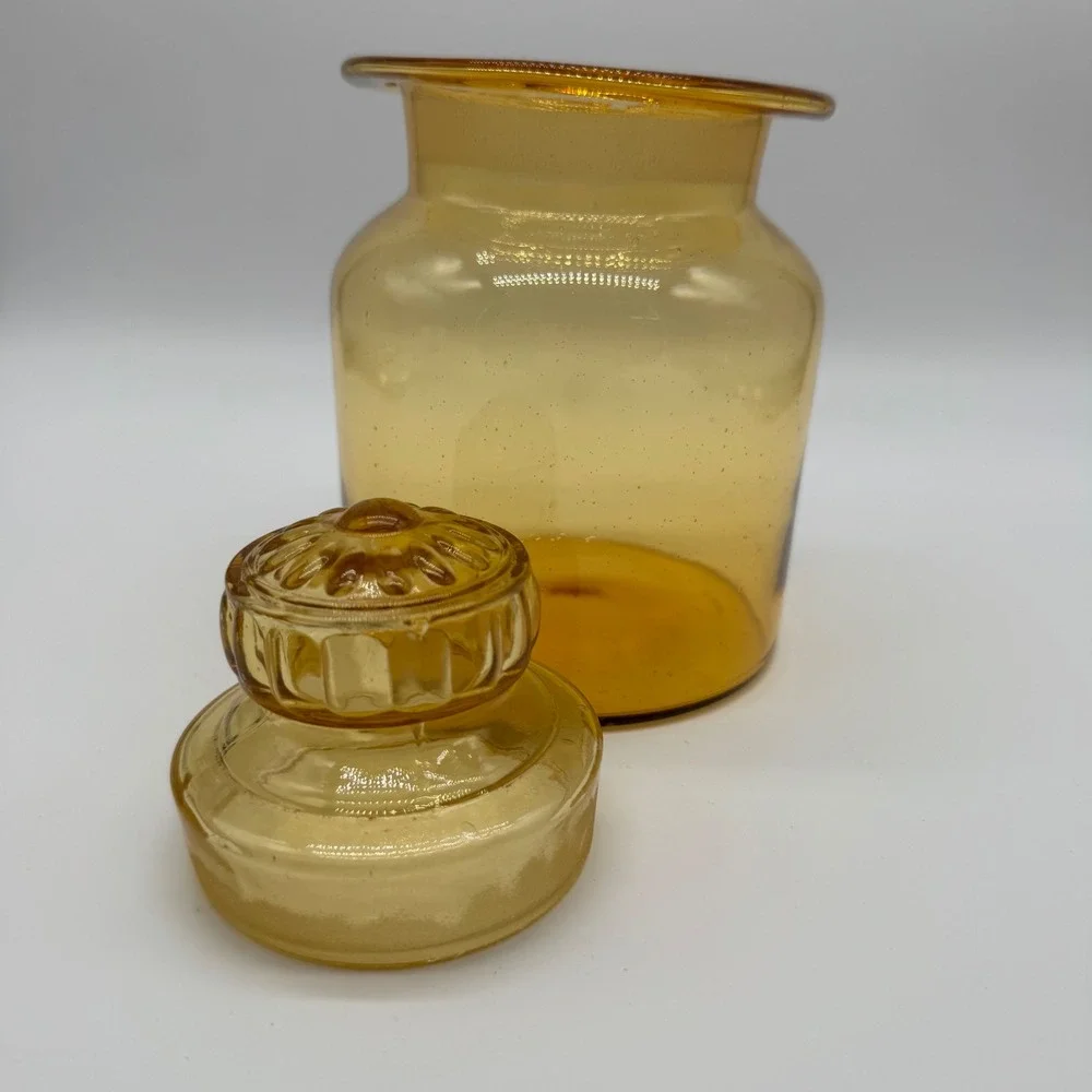 Vintage Takahashi Amber Glass Apothecary Jar Daisy Lid Hand Blown 7x4.5